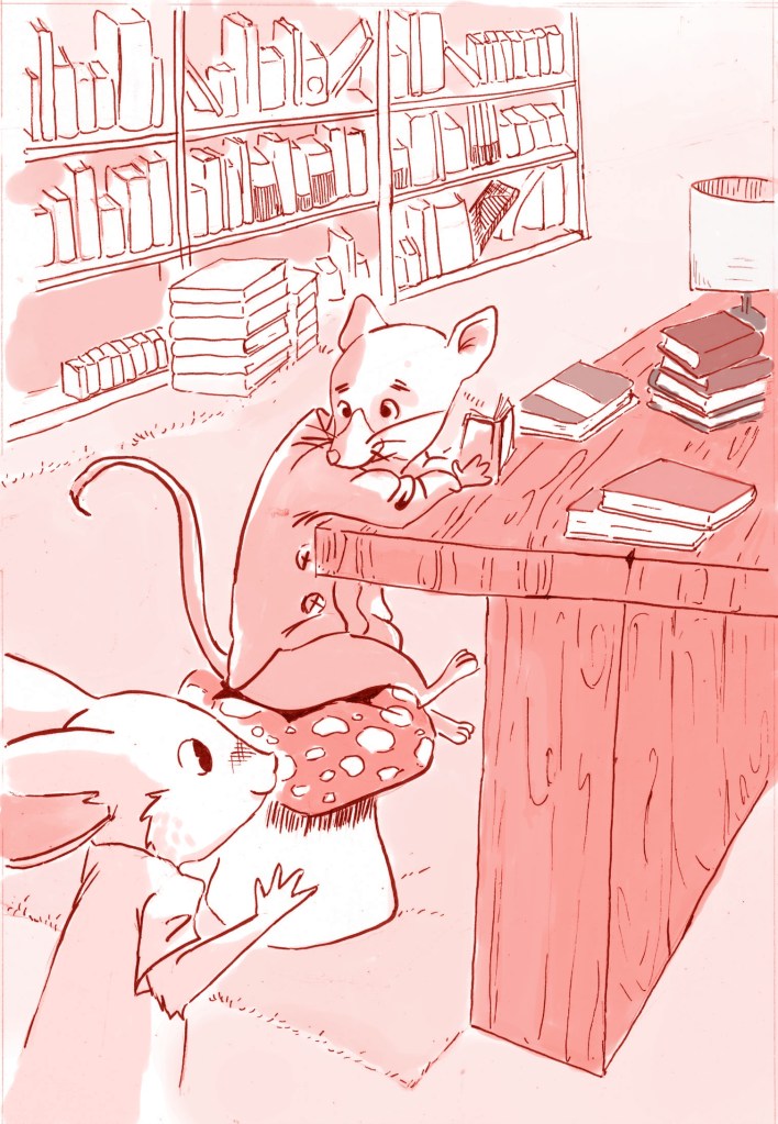 Illustrazione: Topino Agostino saluta Topino Martino, che sta leggendo su una sedia a forma di fungo