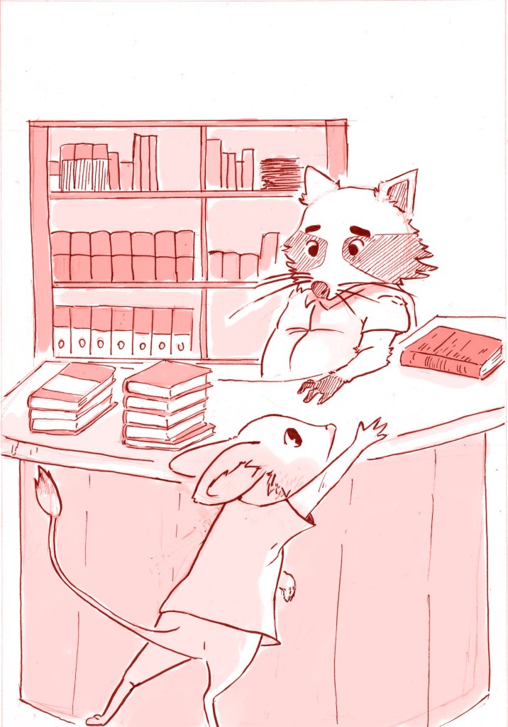 Illustrazione: Topino Agostino chiede un libro al bibliotecario, un procione