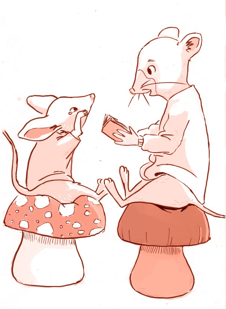 Illustrazione: Topino Martino legge ad alta voce a Topino Agostino, che ascolta asciugandosi una lacrimuccia.