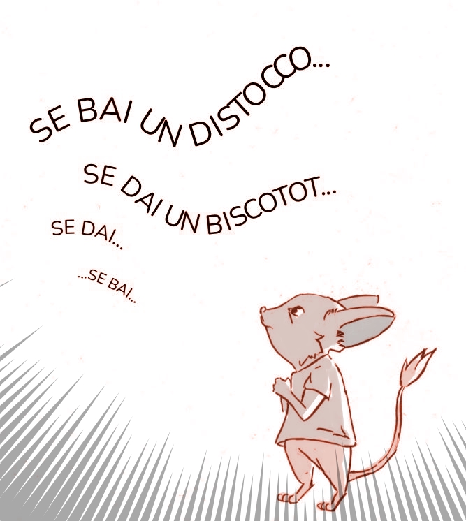 Illustrazione: Topino Agostino guarda delle parole confuse che gli vorticano davanti.